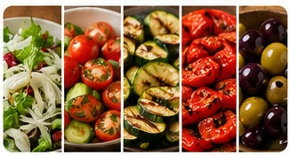 Italiaanse saladebar met sla, tomaat, komkommer, gegrilde groenten en olijven